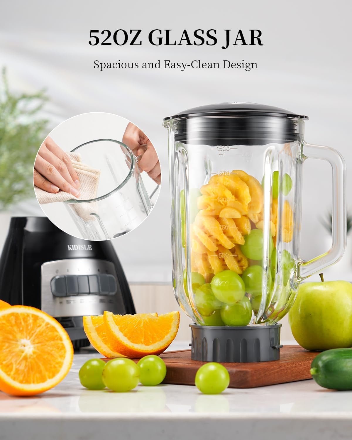 TWOMEOW Classic Series 700W Blender for Shakes and Smoothies, 52oz Glass Jar, 9 Functions with 5 Speeds for Crushing Ice, Puree, and Frozen Fruit