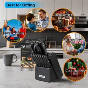 McCook DISHWASHER SAFE MC701 black Knife Sets of 26, Stainless Steel Kitchen Knives Block Set with Built-in Knife Sharpener, Measuring Cups and Spoons