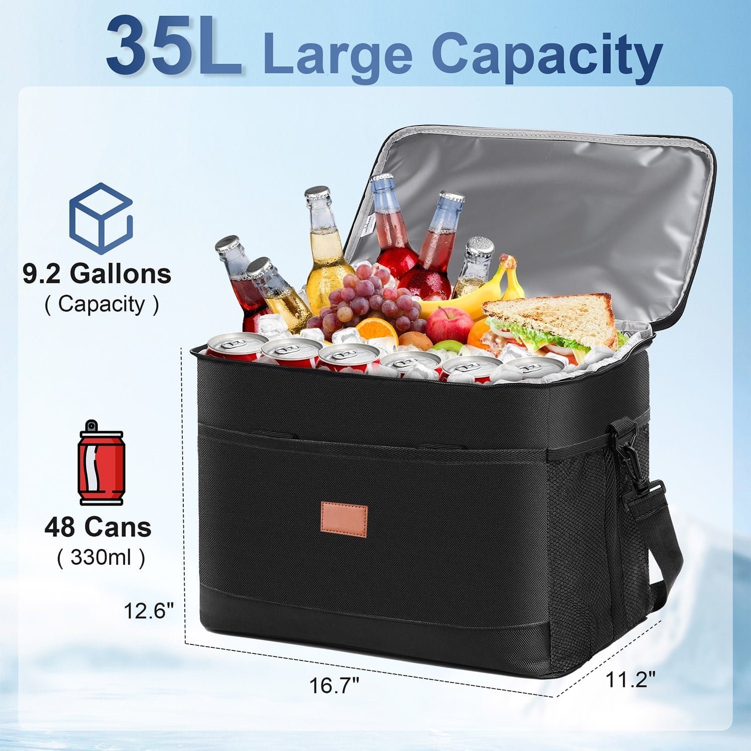 Qunler Extra Large Soft Sided Cooler Bag, 48 Can/30L Leakproof Portable Travel Beach Camping Picnic Insulated Coolers Bag, 37qt, Black