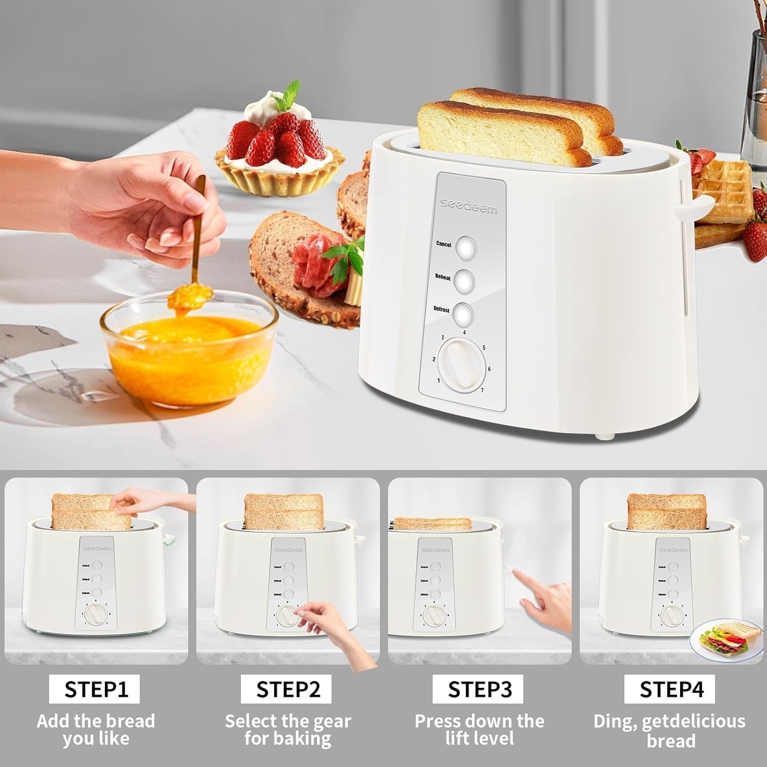 SEEDEEM Toaster 2 Slice, Extra Wide Slot Toaster, 7 Shade Settings, Bread Toaster with Cancel, Defrost, Reheat Function, Extra Wide Slots for Waffle or Bagel, Removable Crumb Tray, 750W, Retro Red