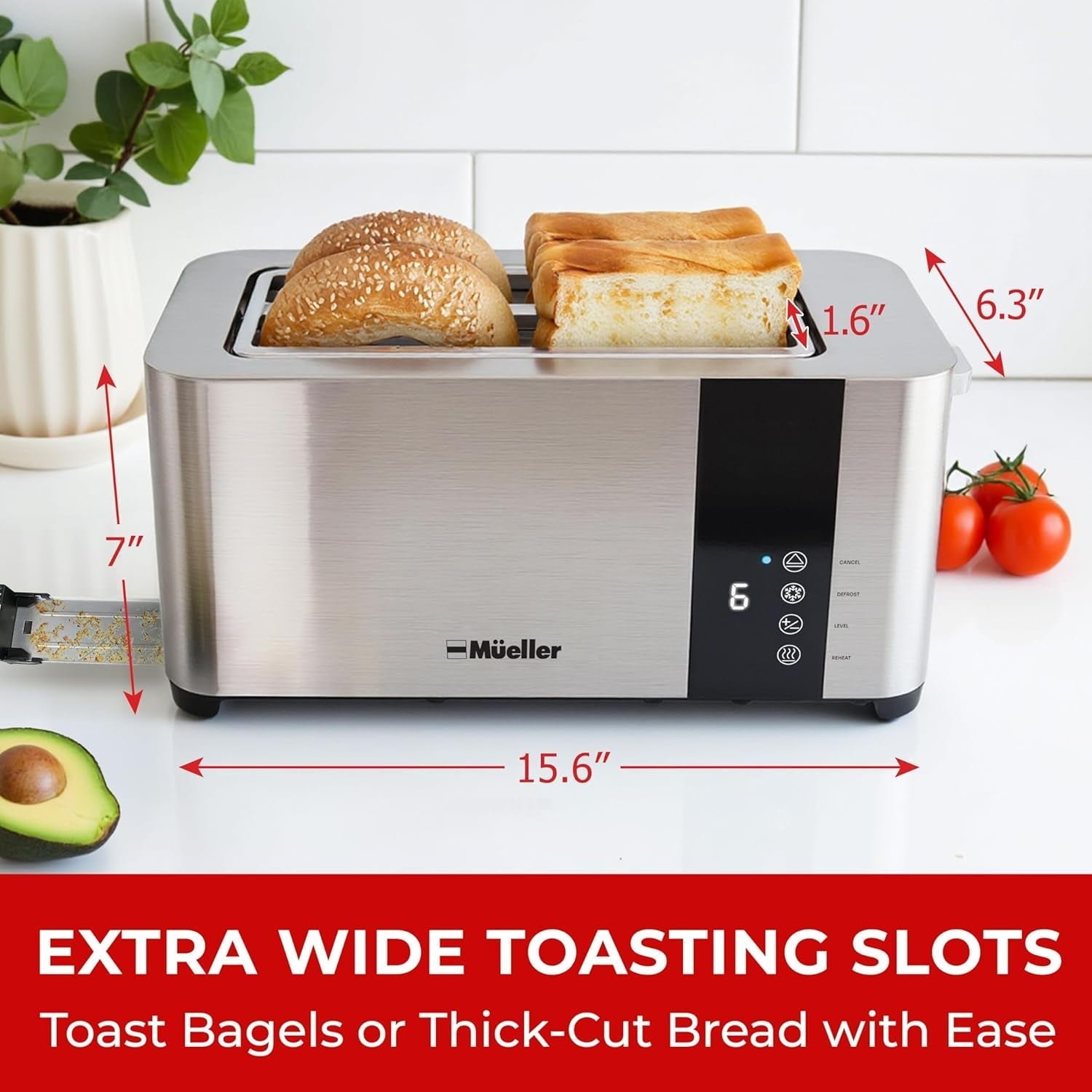 MÜELLERHOME UltraToast 4-Slice Toaster – Full Stainless Steel, Extra-Wide Slots for Bagels/Waffles, 6 Browning Levels, LED Display, Cancel/Defrost/Reheat, Removable Tray.