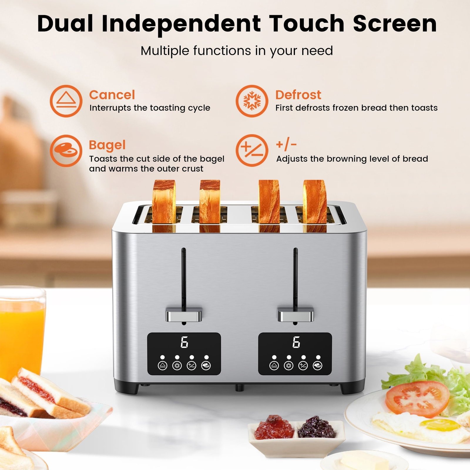 Suodoka Toaster 4 Slice with Touchscreen, Stainless Steel Bread Toaster, 6 Browning Shade Settings, 1.57 inch Wide Slots with Reheat, Cancel, Defrost Functions, New