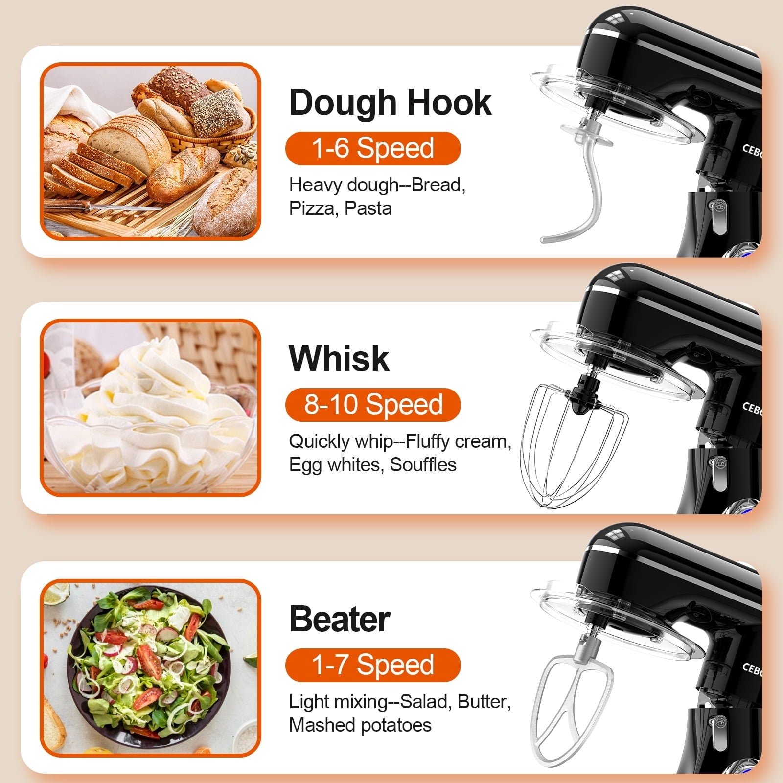 CEBORY 3-IN-1 Stand Mixer, 6.5 QT Tilt-Head 10-Speed Food Mixer, Kitchen Electric Mixer with Dough Hook, Beater, Whisk, Bowl for Most Home Cooks