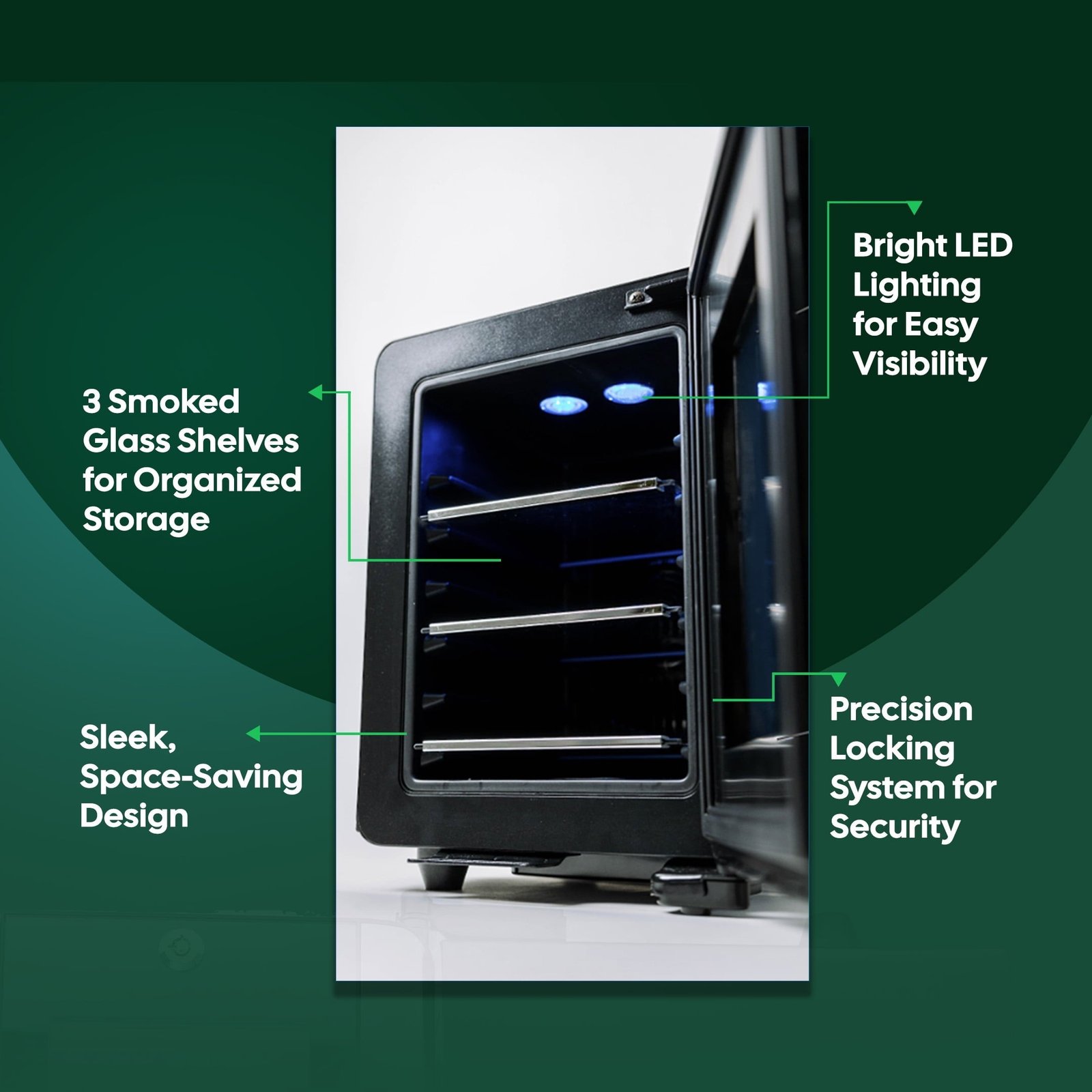 Essential Cooler - Mini Fridge with Temp & Humidity Control, 3 USB Ports, Smoked Glass Shelves, Lockable UV Glass Door for Cosmetics, Skin Care, Medicine, Herbs, and More