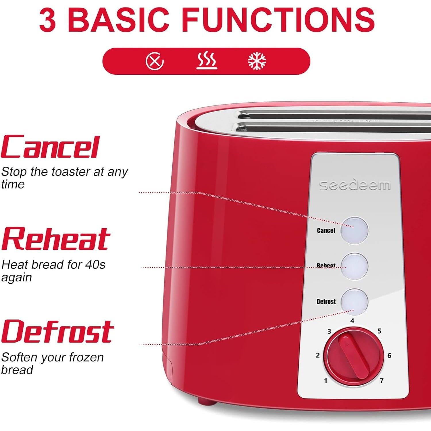 SEEDEEM Toaster 2 Slice, Extra Wide Slot Toaster, 7 Shade Settings, Bread Toaster with Cancel, Defrost, Reheat Function, Extra Wide Slots for Waffle or Bagel, Removable Crumb Tray, 750W, Retro Red