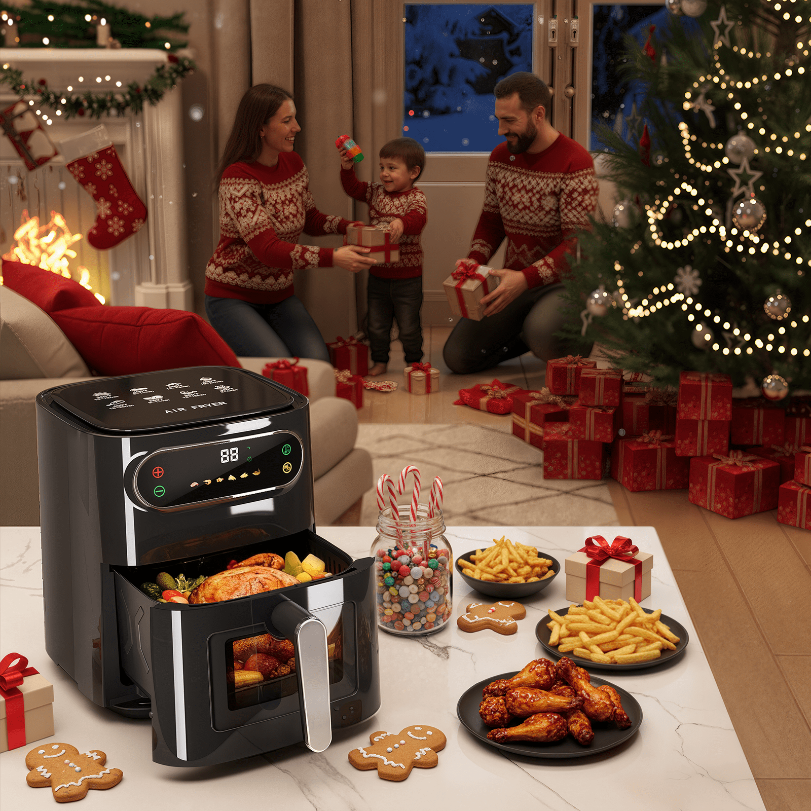 Air Fryer with Clear Windows, Crisps, Broils, Roasts, Dehydrates, Bakes, Reheats, Toaster Baker, 6QT for 3-5 People, LED Smart Display, 85% Oil-Less, Stainless Steel Easy Cleaning