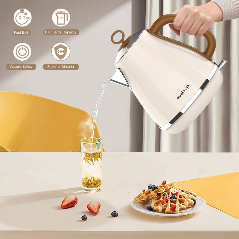Evoloop 1.7L Electric Kettles, Hot Water Boiler Heater, Stainless Steel Teapot , Auto Shut-Off & BPA Free -- Cream