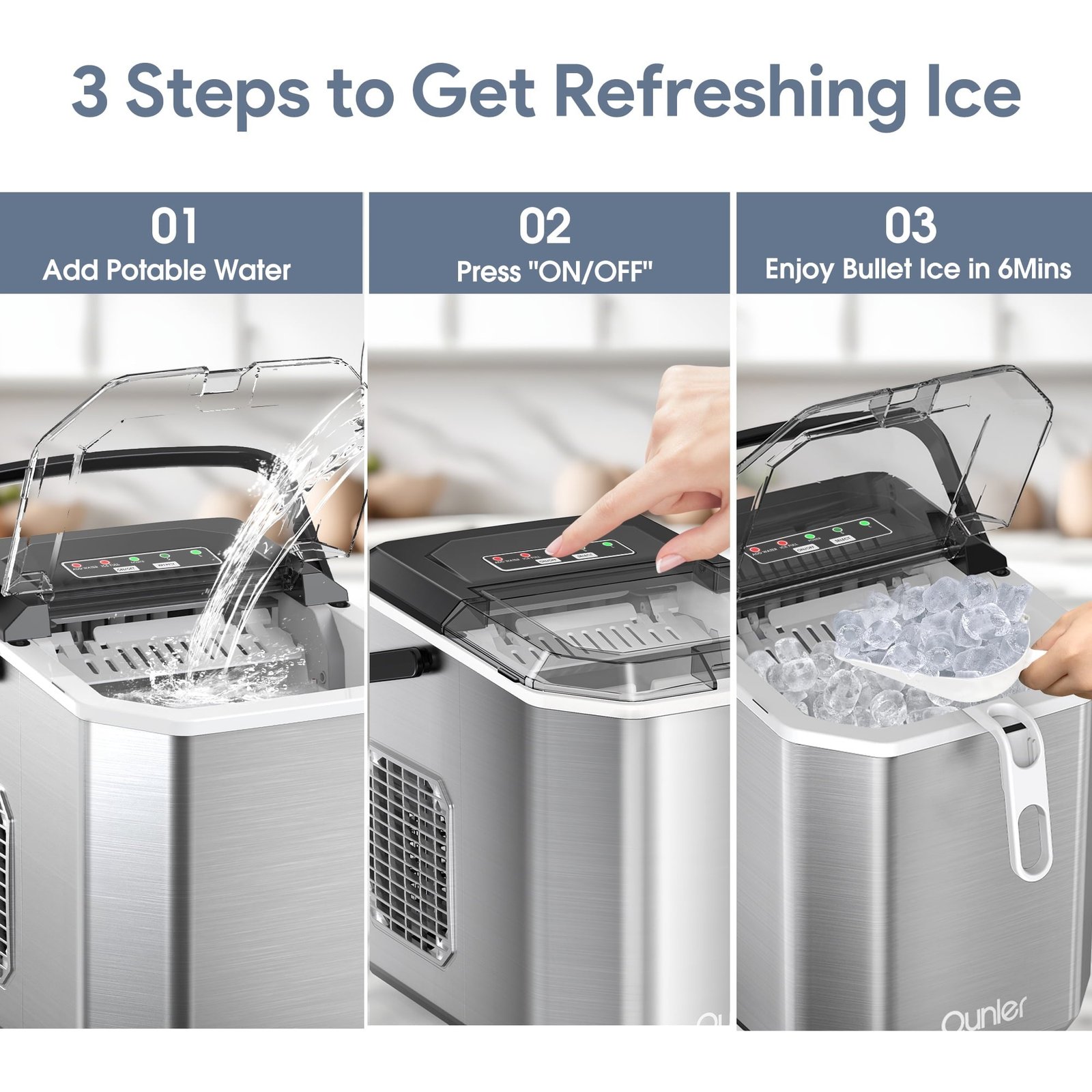 Qunler Ice Maker Countertop, 2 Sizes 9 Bullet Ice Cubes in 6 Mins, 26lbs/24Hrs, Self Cleaning Pebble Ice Machine with Scoop, Small Portable Ice Cube Maker for Home, Kitchen, Camping