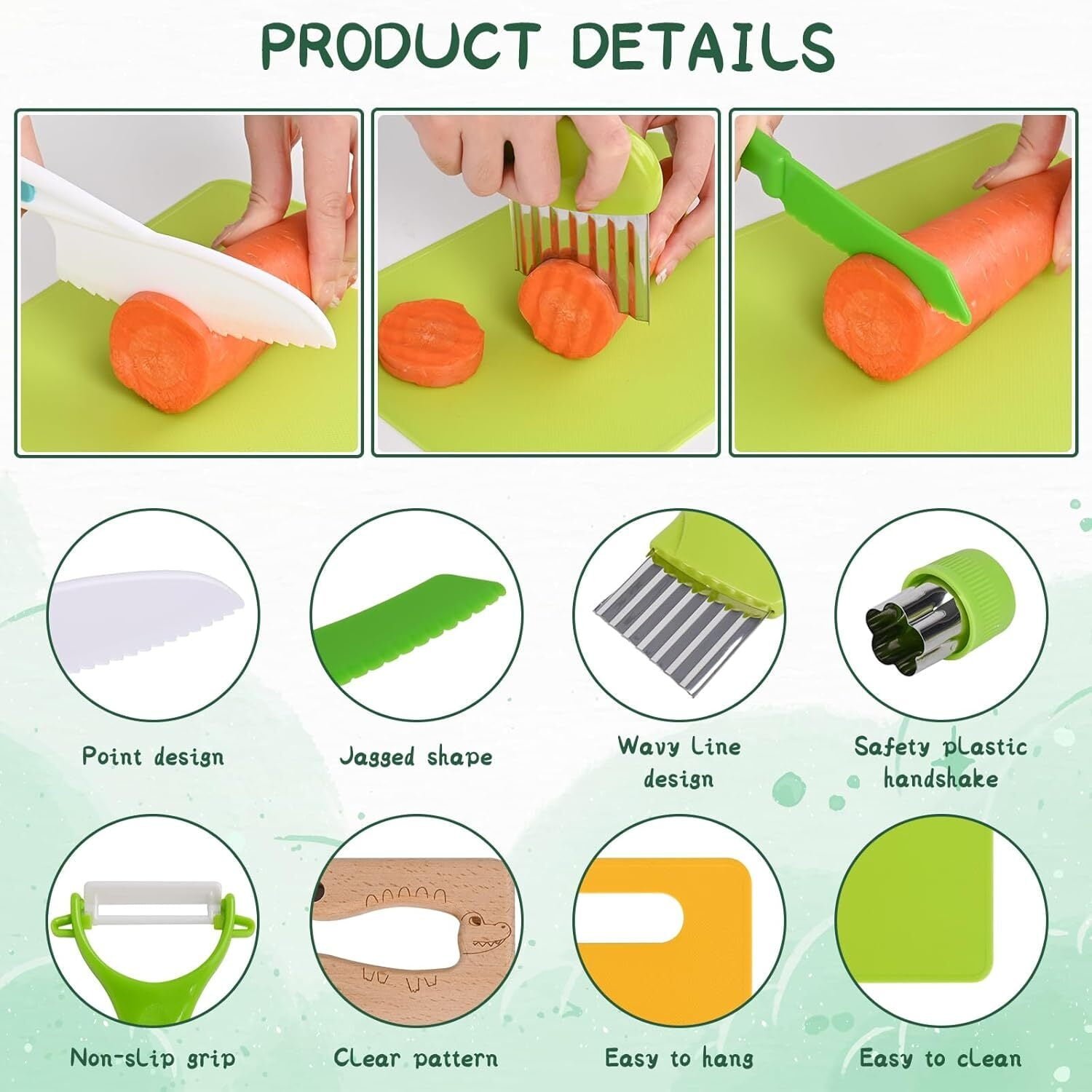 Montessori Kids Knives for Real Cooking, 13 Pieces Wooden Kids Kitchen Knife Set Include 4 Serrated Edges Plastic Toddler Knife,Crinkle Cutter Y Peeler Cutting Boards and Wood Toddler Safe Knife