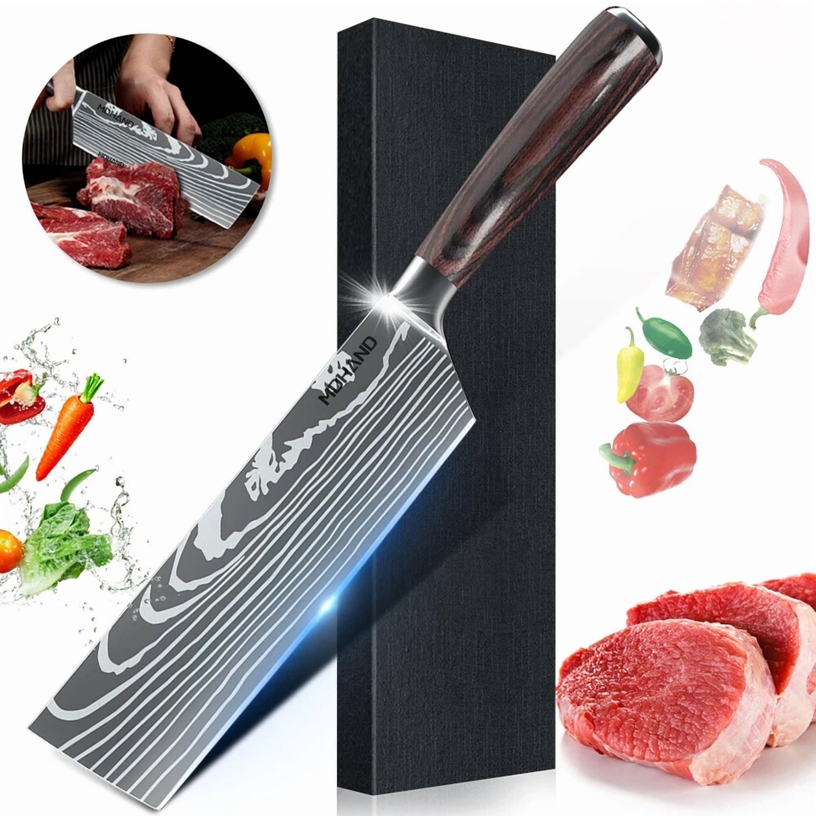 7" Nakiri Knife Kitchen Chef'S Knife Damascus Laser Stainless Steel Meat Slicing