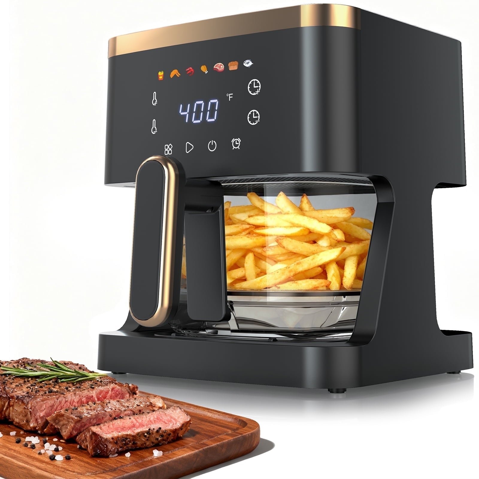 7-in-1 Air Fryer, 5 QT Clear Glass Basket Fryer, 360° Cooking Window, 1400W Precise Heating for Even Results, Air Fry, Reheat, Roast, Bake, Dishwasher-Safe Parts, LED Smart Touchscreen, 85% Less Fat
