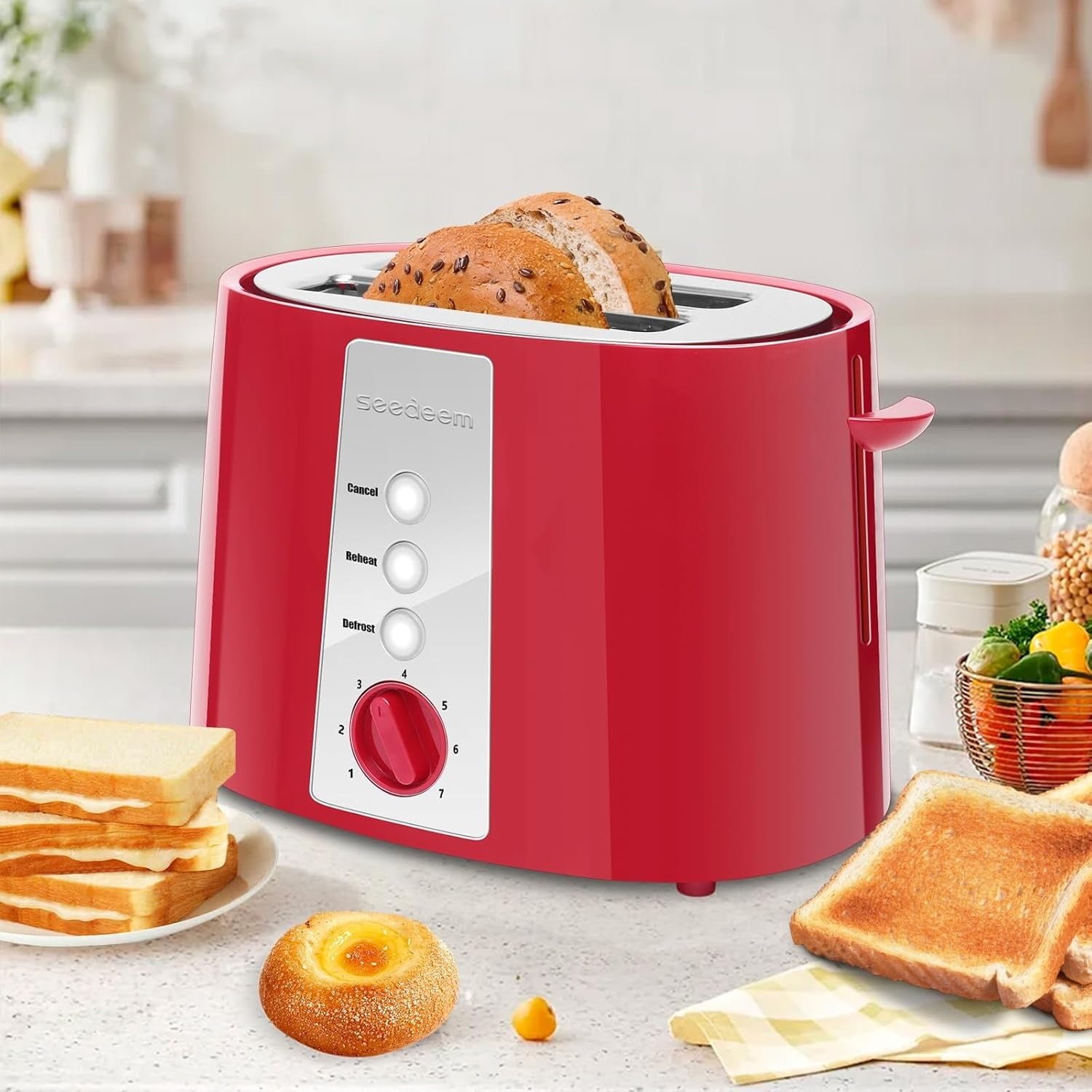 SEEDEEM Toaster 2 Slice, Extra Wide Slot Toaster, 7 Shade Settings, Bread Toaster with Cancel, Defrost, Reheat Function, Extra Wide Slots for Waffle or Bagel, Removable Crumb Tray, 750W, Retro Red