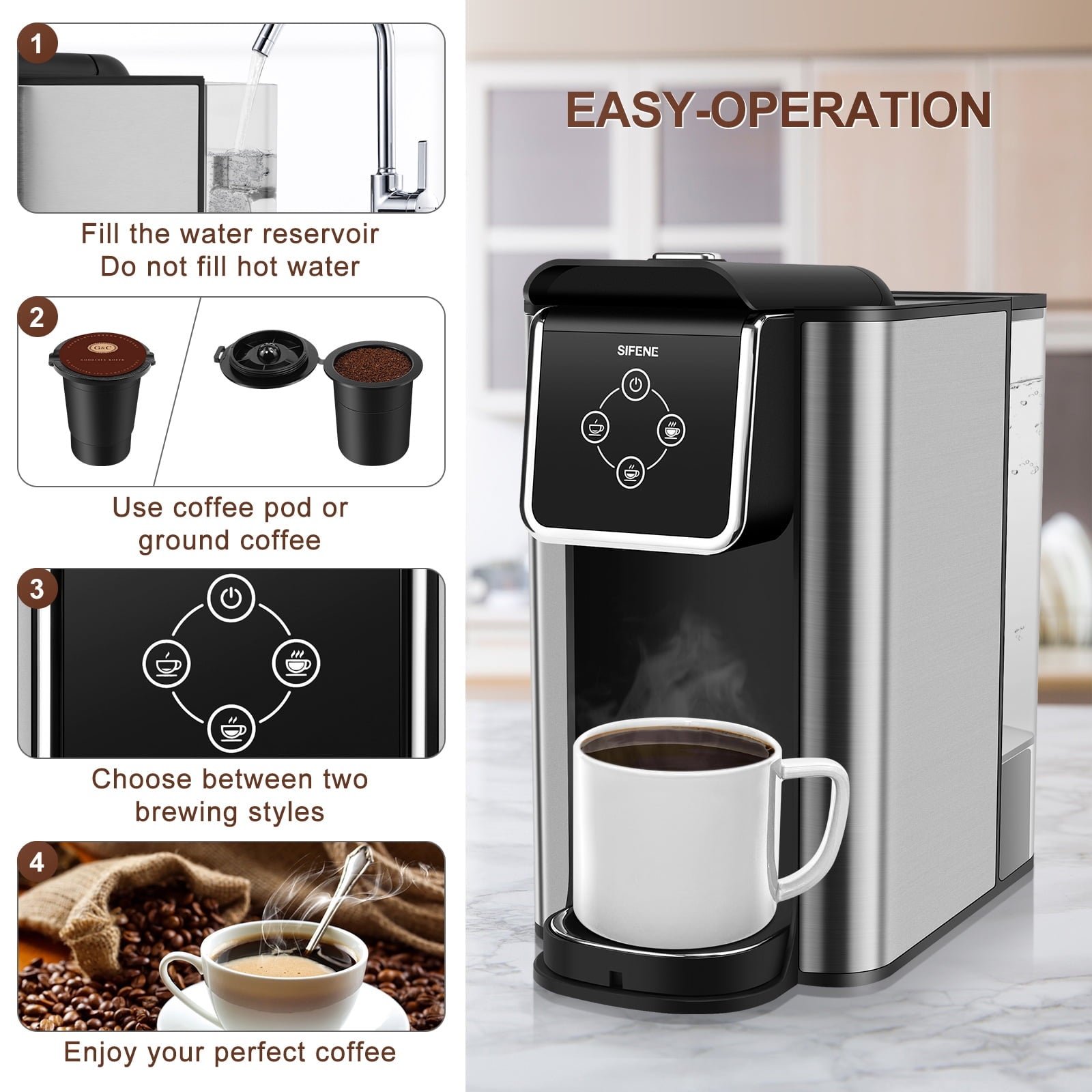 SIFENE 3 in 1 Single Serve Coffee Maker: Coffee Machine Compatible with K Cup Capsules & Grounds, Instant Coffee Pot, Tea Maker Brewer - Removable 50 Oz Water Reservoir, 120V 1150W, Black