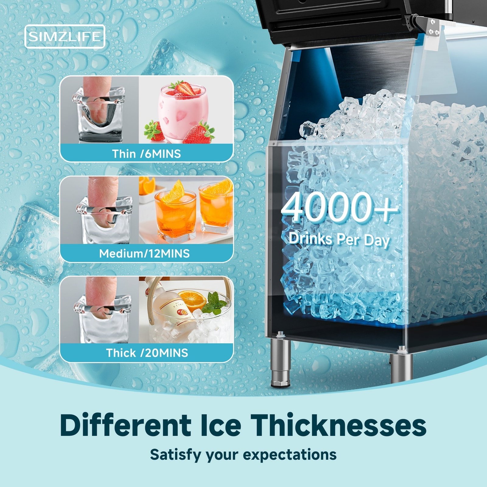 Simzlife Commercial Ice Maker Machine 450Lbs/24H, SECOP Compressor&ETL Approval, Industrial Ice Machine, 250Lbs Storage, Ice Ready in 8-15 min, Stainless Steel Ice Maker for Business