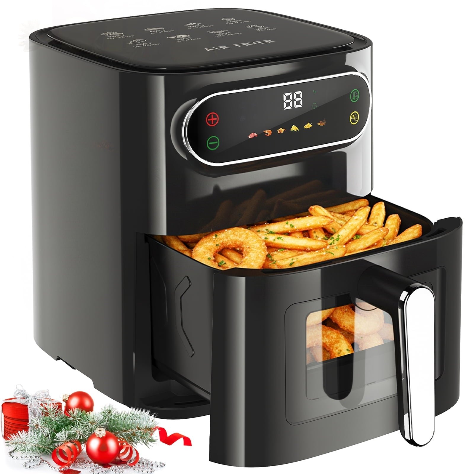 Air Fryer with Clear Windows, Crisps, Broils, Roasts, Dehydrates, Bakes, Reheats, Toaster Baker, 6QT for 3-5 People, LED Smart Display, 85% Oil-Less, Stainless Steel Easy Cleaning