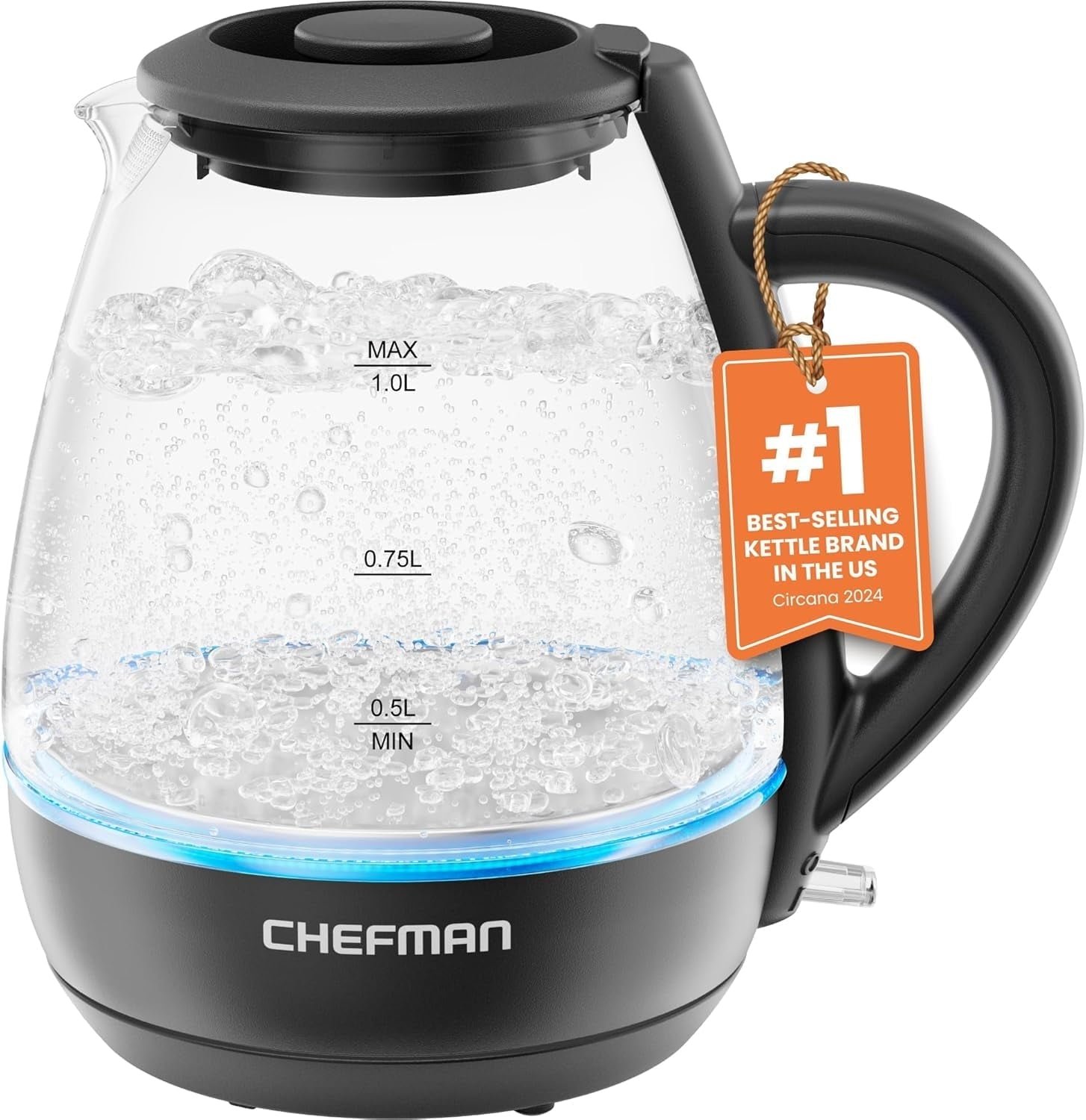 Chefman 1L Electric Glass Kettle w/ LED Indicator Light, Automatic Shutoff - Black