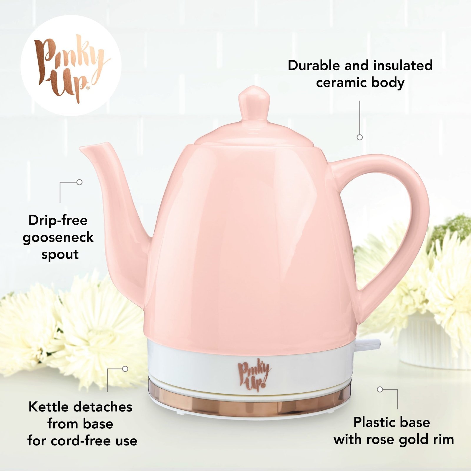 Pink Up Noelle Ceramic Electric Kettle for Hot Tea and Coffee, 1.5L, Pink