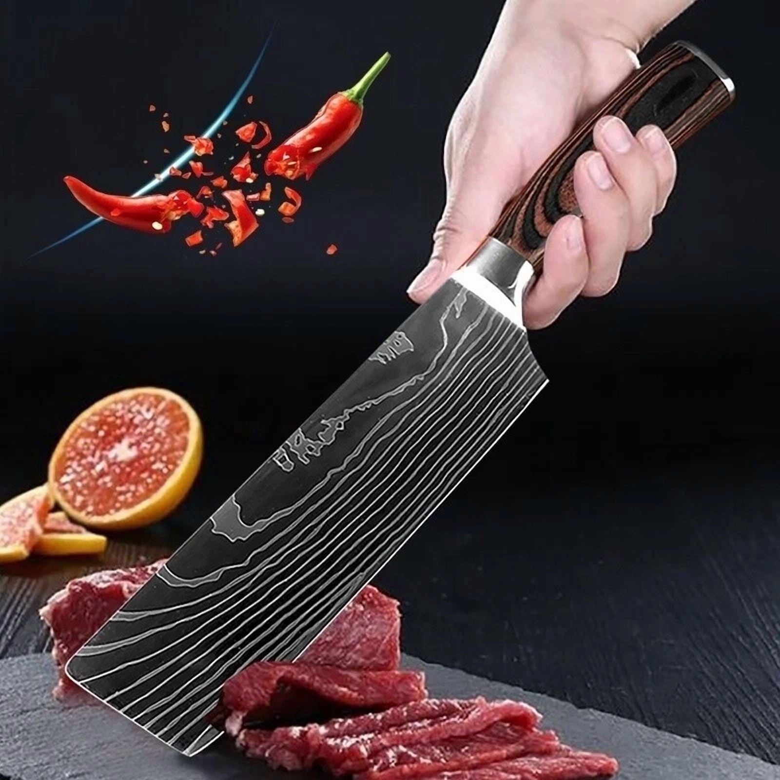7In Japanese Kitchen Nakiri Knife Stainless Steel Chef Cutlery Slicing Choping