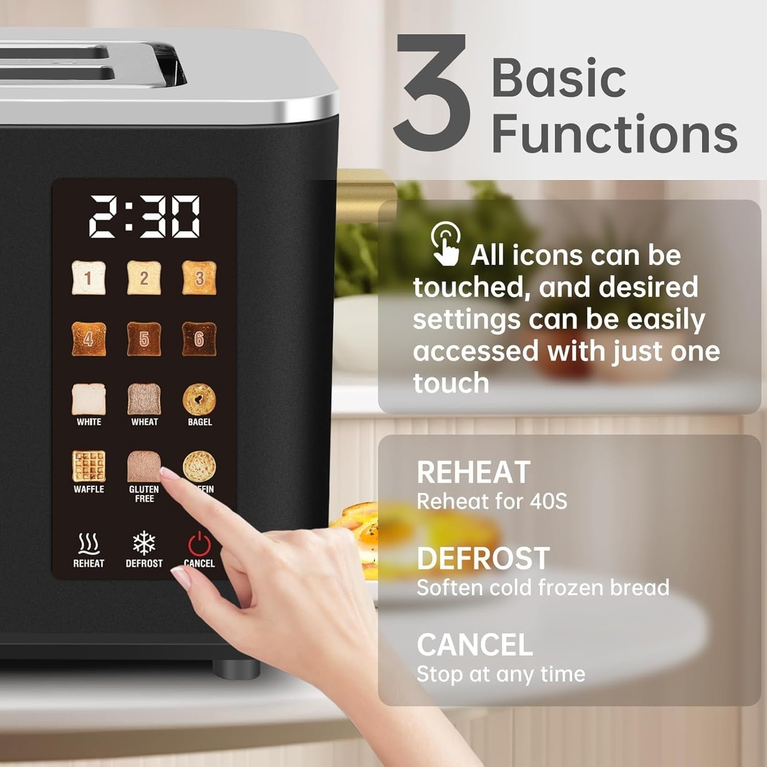 Touch Control Screen Toaster, Smart Stainless Toaster, 6 Shade Setting, 6 Bread Selection, Countdown, Removable Crumb Tray, 900W, Peach Pink
