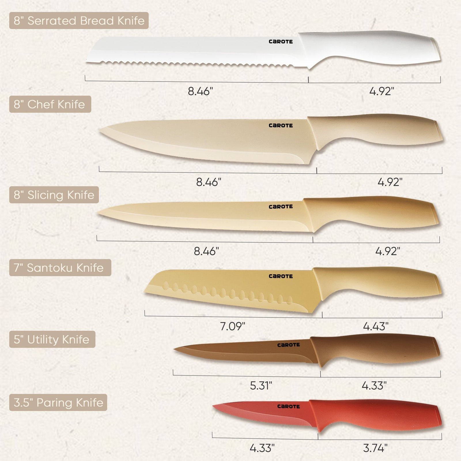 Carote 12 Pcs Kitchen Knife Set, Stainless Steel Knife Set with Nonstick Creamic Coating, Taupe