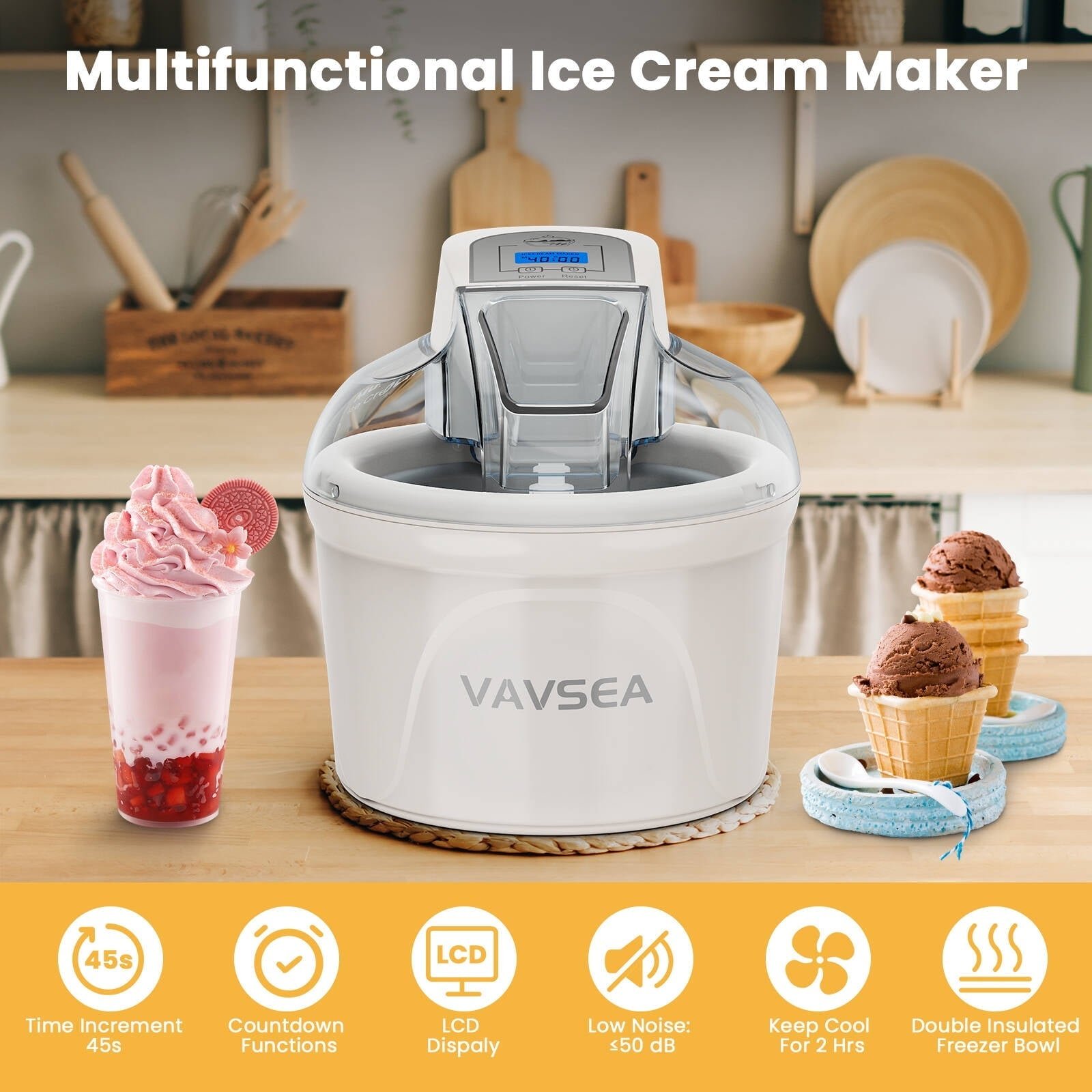 VAVSEA 1.5 Qt Ice Cream Maker with Scoop, Ice Cream Machine with LCD Digital Display & Timer, Double-Insulated Freezer Bowl, Sobert Maker for Gelato, Frozen Yogurt, Drinks, White
