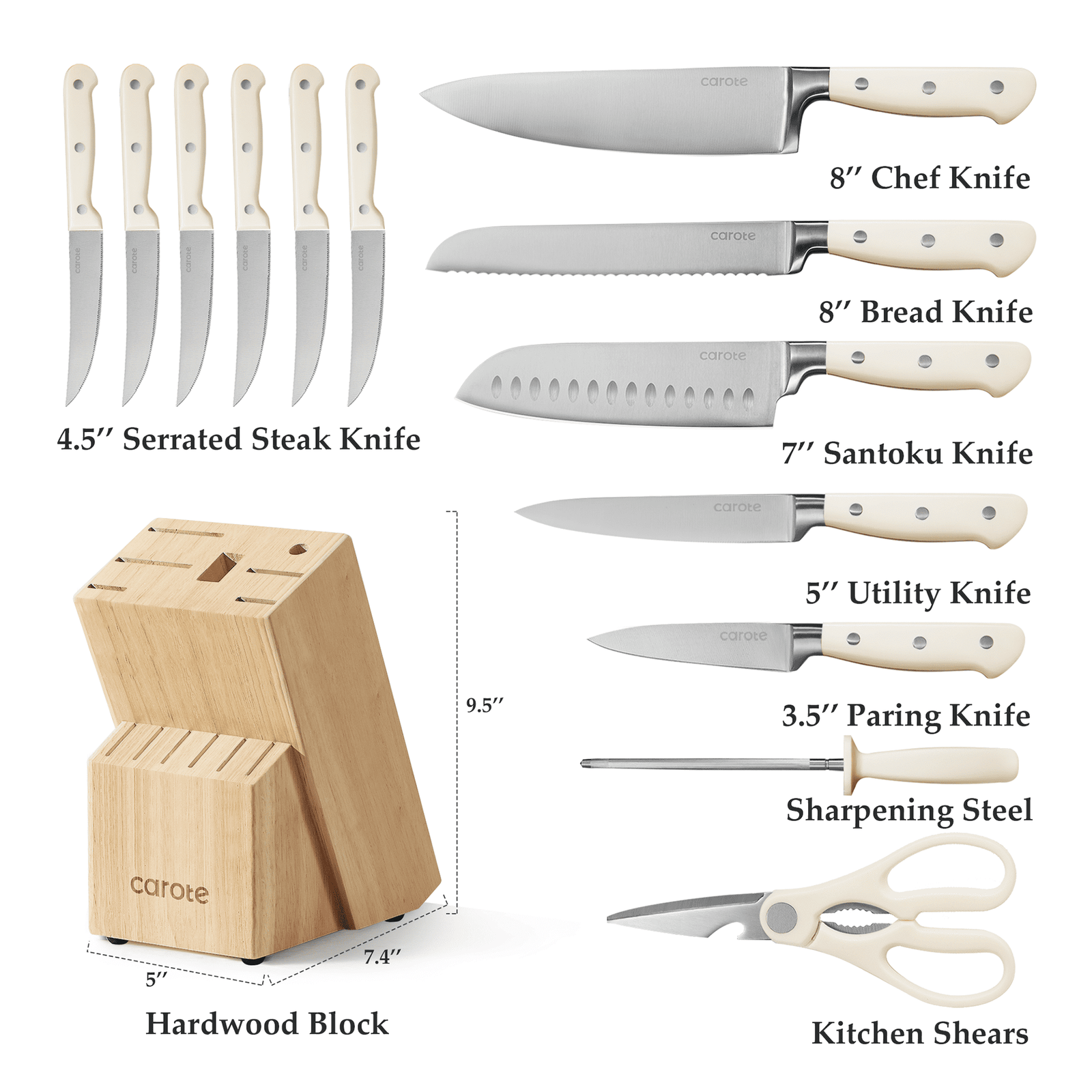Carote 14 Pcs Knife Set with Wooden Block Stainless Steel Knives with Ergonomic Handle, Forged
