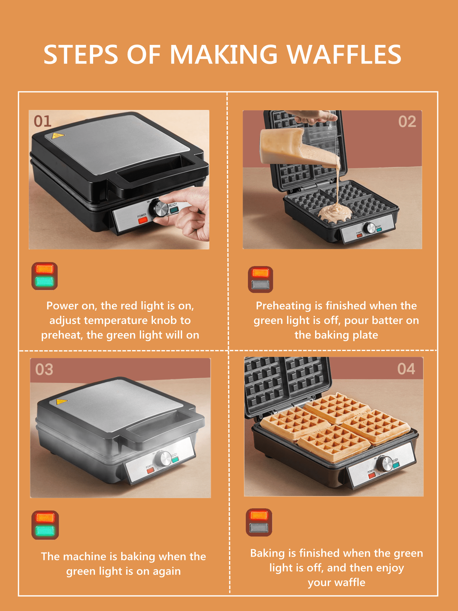 FOHERE 4-Waffle Electric Belgian Waffle Maker, Black Stainless Steel