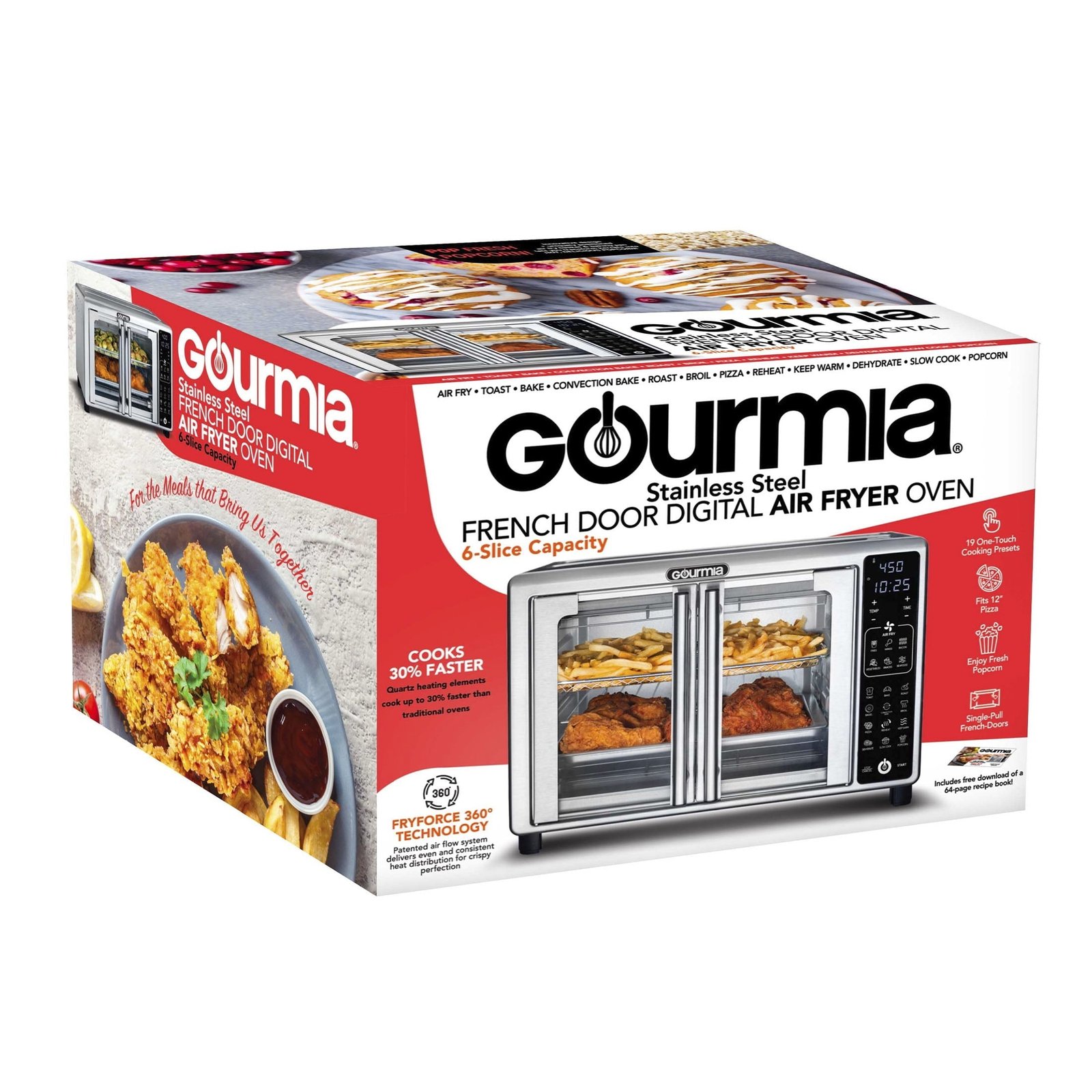 Gourmia French Door 6-Slice Digital Toaster Oven Air Fryer, 19 One-Touch Presets, 24L, Stainless Steel