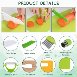 Montessori Kids Knives for Real Cooking, 13 Pieces Wooden Kids Kitchen Knife Set Include 4 Serrated Edges Plastic Toddler Knife,Crinkle Cutter Y Peeler Cutting Boards and Wood Toddler Safe Knife