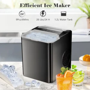 Smiaoer Portable Countertop Ice Maker with Self-Cleaning, 9 Cubes in 6 Mins, 26 lbs/24 Hrs,For Home Camping,Black